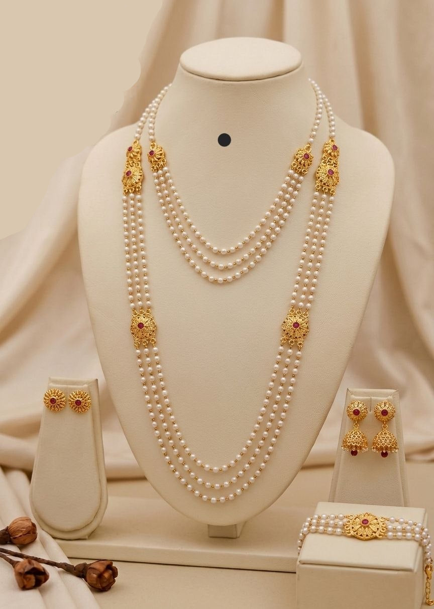 Gold plated motimala with bracelet combo set